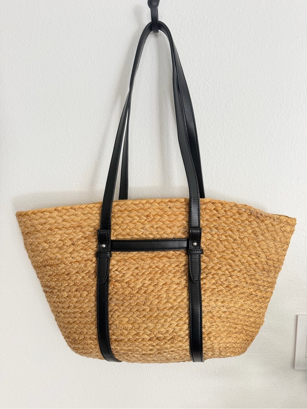 Zara Tan Woven Tote with Black Straps